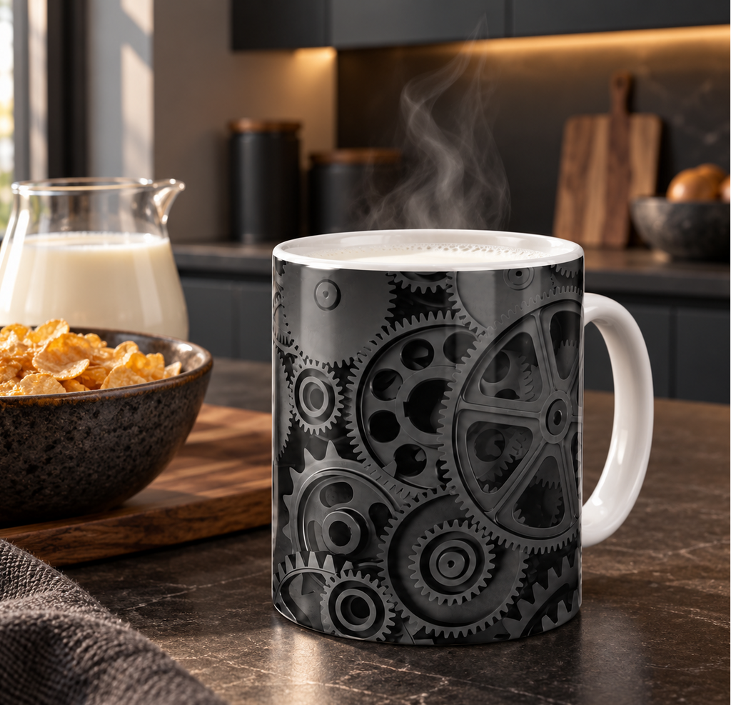 Tazza ceramica 10oz con design ingranaggi steampunk su sfondo scuro a sublimazione – Arianna Handmade