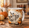 Tazza ceramica 10oz con fantasma Halloween sorridente zucche arancioni e foglie autunnali – Arianna Handmade