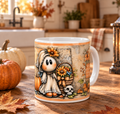Tazza ceramica 10oz con fantasmino Halloween vintage con girasoli e zucche arancioni – Arianna Handmade