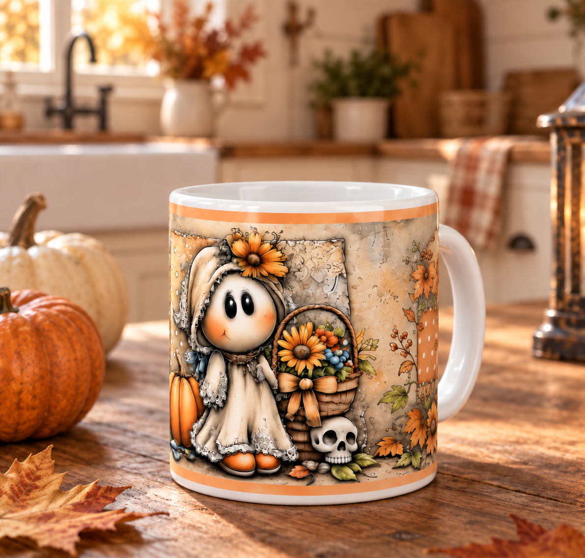 Tazza ceramica 10oz con fantasmino Halloween vintage con girasoli e zucche arancioni – Arianna Handmade