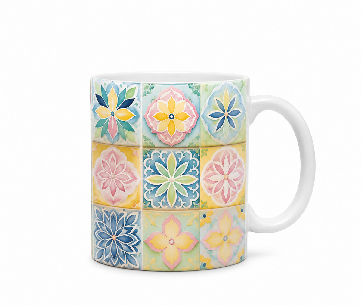 Tazza 10oz decorata a sublimazione con motivi floreali pastello
