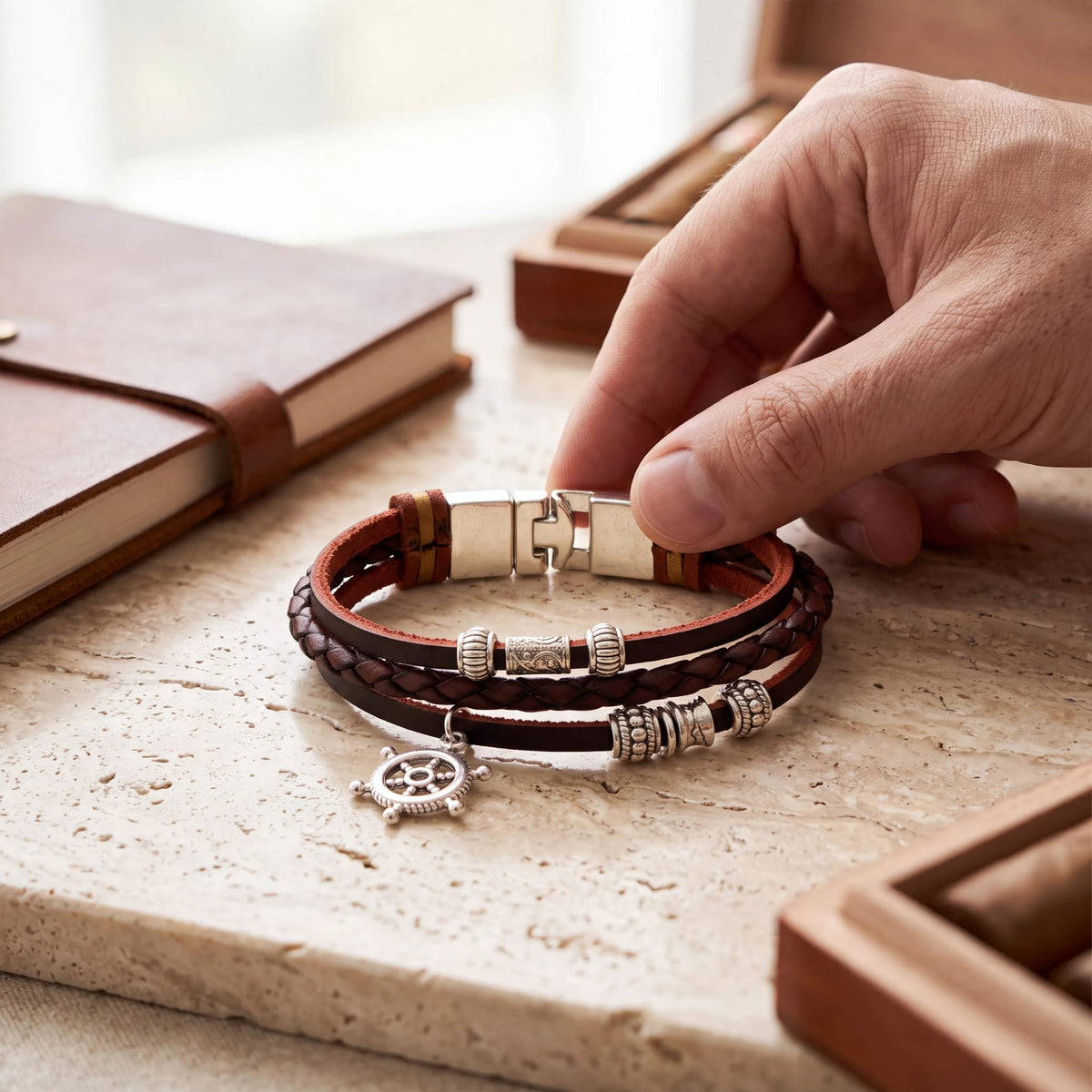 Bracciale in Similpelle Intrecciata con Ciondolo Timone